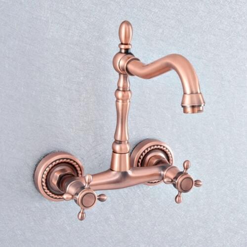 Bathroom Basin Faucet Antique Red Copper Kitchen Mixer Tap Faucet Wall Mounted Dual Handle Hot And Cold Taps Nsf857