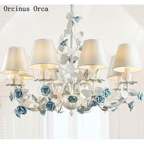 Mediterranean Creative Blue Flower Chandelier living room dining room bedroom romantic countryside LED white rose Chandelier