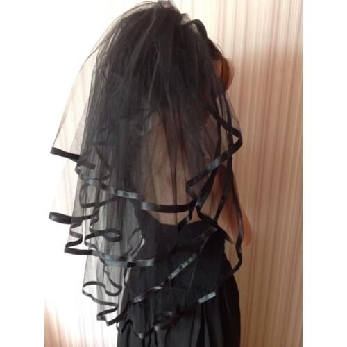 4 Layer Black Ribbon Edge Wedding Veil Multi-Layer Fingertip Length Bridal Veil Metal Comb
