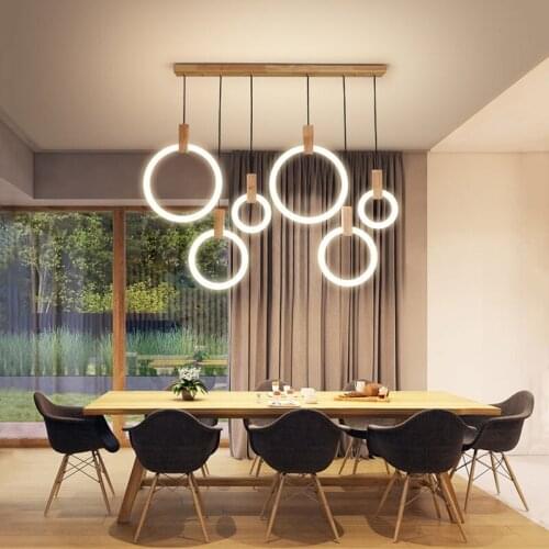 Dining Room Island LED Chandelier Wooden Modern Simple Kitchen Pendant Lamp Nordic Restaurant Bar Rings Lighting Hanging Fixture