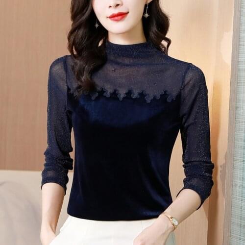 Velvet Woman Tshirts Office Lady T Shirts Mesh Long Sleeve Vintage Streetwear Black Shirts for Women Mujer Camisetas