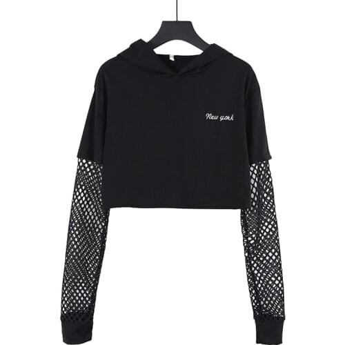 Neatie kiddie Black Letter Embroidery Women Short Hoodies Mesh Patchwork Sleeve Crop Sweatshirt Streetwear Harajuku Hoodies