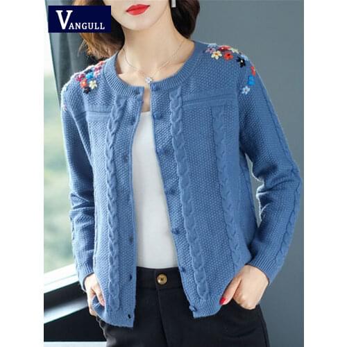 Vangull Autumn Embroidery Sweater Cardigans Women Solid O-neck Casual Sweater Single Breasted Spring Loose Korean style Sweater