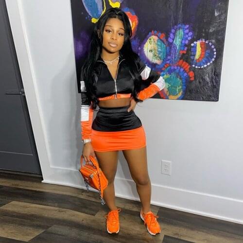 Zoctuo Solid Patchwork Two Piece Sets WomenS Turn-Down Collar Zipper Mini Skirt Set Full Sleeves Sexy Two Piece Set Clubwear