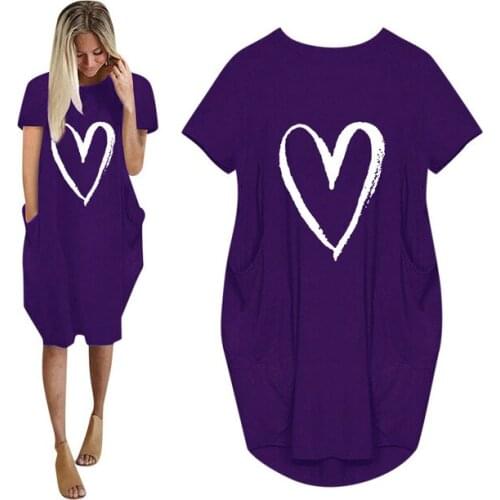 Plus Size 5XL Women Casual Loose Dress With Pockets Fashion O Neck Short Sleeve Love Print Long Tops Female Street T-shirt Dress