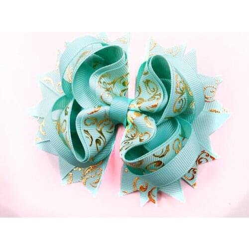 4.5" Stacked Boutique hair clip , gold silver color printed ribbon bow 12pcs