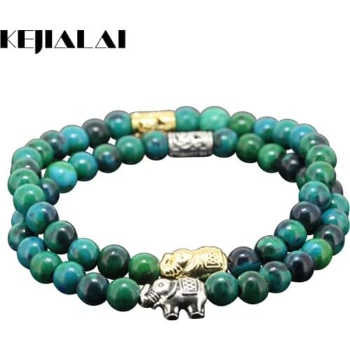 2pcs New Beaded Animal Elephant Girl Charm Bracelet Natural 6mm Round Phoenix Green Stone Beads Women Bracelet As Lucky Gift