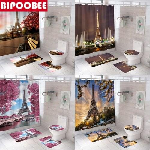 Paris Landscape Eiffel Tower 3D Shower Curtain Bathroom Curtains Anti-slip Toilet Lid Cover Carpet Bath Mats Kitchen Home Decor