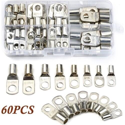 60PCS auto car Soldered Connectors Kit Tinned Copper Lug Ring Wire Crimp Connectors Bare Cable Terminal Copper Ring Terminal