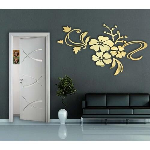 Golden Red Multicolor Flower Leaf Plant Shape Living Room Bathroom Adhesive Acrylic Mirror Wall Sticker Creative Home Decoration