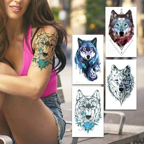 Watercolor Wolf Temporary Tattoos For Men Women Geometric Spray Coyote Tattoo Sticker Arm Hands Unique Peony Flower Tatoo Sheets