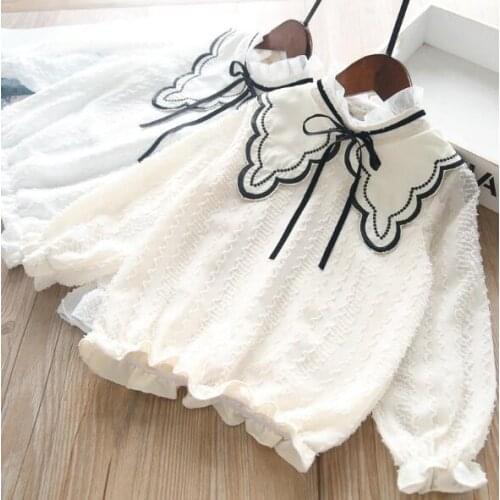 Girls lace collar bow cotton long sleeve shirts wholesale baby girl blouses