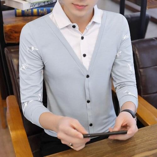 Fake Two-Piece Long-Sleeved T-shirt Mens Autumn Korean Version Fashion Knit Low Waist Jersey Spring Thin Upper Shirt Collar