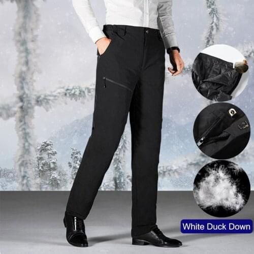 White Duck Down Pants For Mens Winter Fly Feather Warm Overalls Snow Outdoor Working Business Casual Trousers Elastic Waist2021