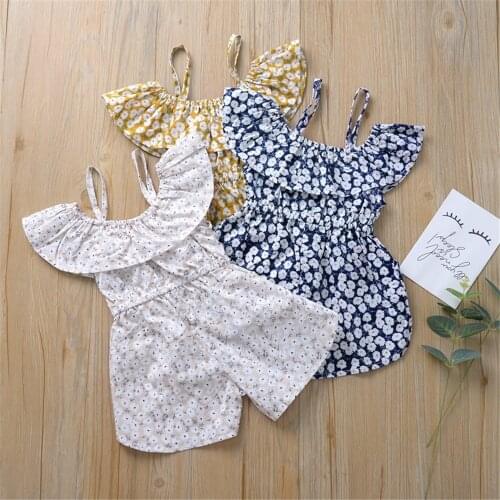 Toddler Kids Summer Short Sleeve Off-Shoulder Romper Baby Girl Sleeveless Floral Printed Tie-Up Spaghetti Strap Playsuit
