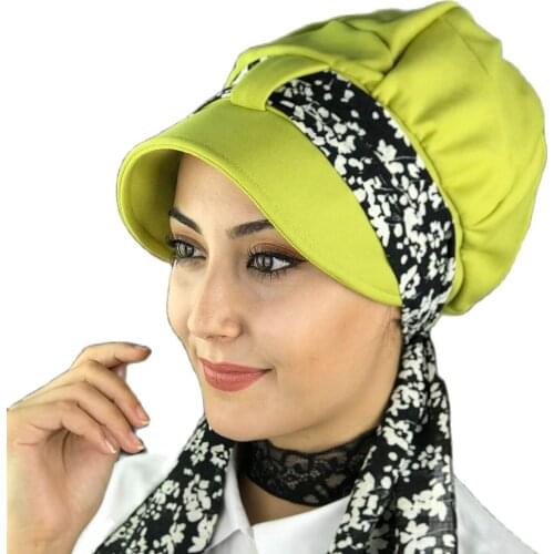 Islamic Fashion Muslim Women Hijab 2021 Trend Single Size Bathing Cap Beret Ready Shawl Scarf Buckle Hat Pistachio green Hijab Hat