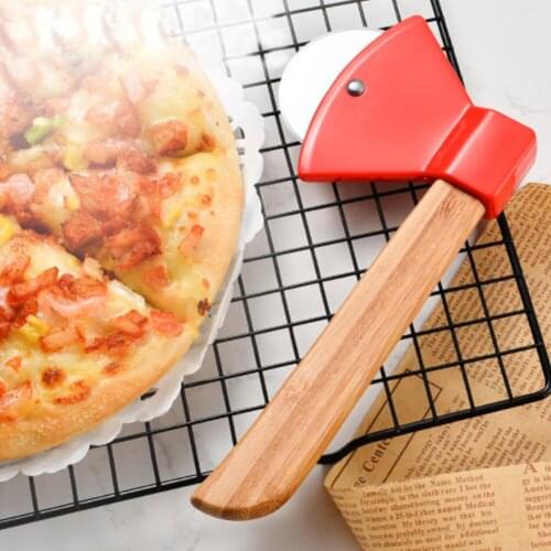 Axe Shaped Pizza Cutters Stainless Steel Rotating Blade Bamboo Handle Cutter Cutting Knife for Waffle Cookies Cake Pies Bread