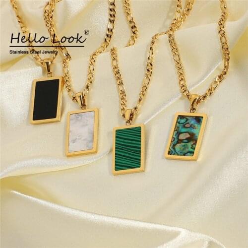 Hellolook Exquisite Malachite Agate Shell Pendant Necklace for Women 18K Gold Plated Stainless Steel Chain Necklace High Quality