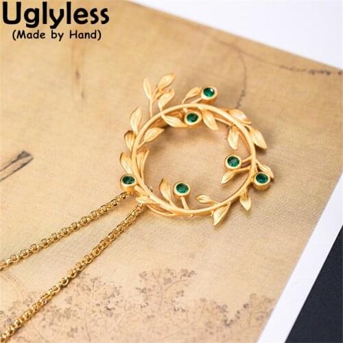 Uglyless Handmade Olive Wreath Pendants Necklaces for Women Zircons Crystals Branches Necklaces 925 Silver Garland Jewelry+Chain