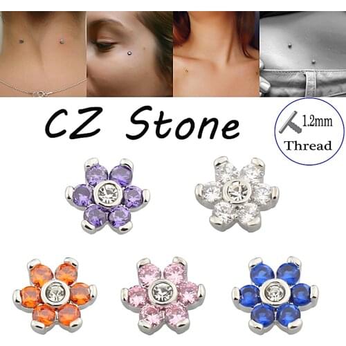 HONGTU Cubic Zirconia Micro Dermal Piercings Flower Steel Dermal Anchor Top Fashion Surface Piercing Implants 16G Body Jewelry
