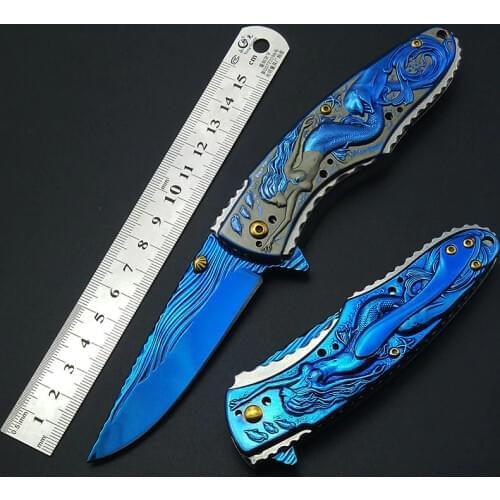 Mermaid Fold Knife Blue Titanium Artwork Blade Handle Folding Collect knifes survival tools hunting knives free shipping