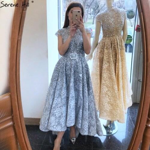 Silver Asymmetrical Sleeveless Evening Dresses 2020 Beading Cap Sleeves Sparkle Sexy Formal Dress Serene Hill DLA60757