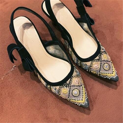 Designer Sandalias Mujer High Heels Hot Brand Embroidery Elegant Pointed Toe Summer Shoes Woman Pumps Sandals slingback