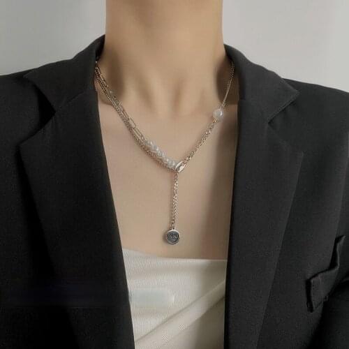 U-Magical Stainless Steel Smile Face Irregular Imitation Pearl Chunky Chain Pendant Necklace for Women Tassel Necklace Jewelry