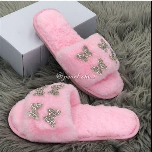 Comfortable Fluffy Slides Rhinestone Bling Bling Diamond Flat Fur Slippers Sandals For Ladies
