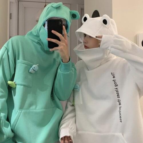 Frog Hoodies Women Cute Funny Embroidery Letter Plus Velvet Thickened Kawaii Harajuku Streetwear Christmas Oversized Hoodie