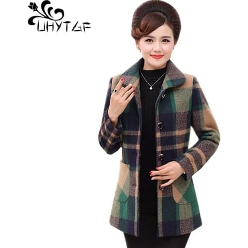 UHYTGF Women autumn coats fashion mom spring wool coat Single-breasted plaid casual 5XL plus size top jacket casaco feminino 336