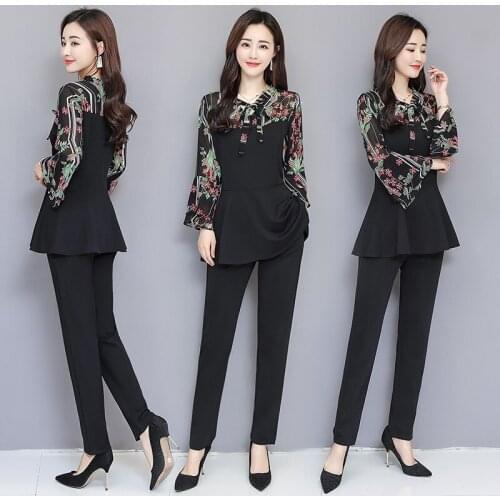 Black Elegant Printed Two Piece Sets Women Flare Sleeve Tunic Tops Pants Suits Sets Loose Casual Womens Sets Large size 5XL