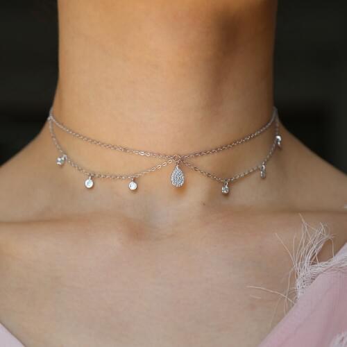 Fashion elegant women summer charm choker chain double layer tassel cz 925 sterling silver 33+7 dalicate necklace fine jewelry