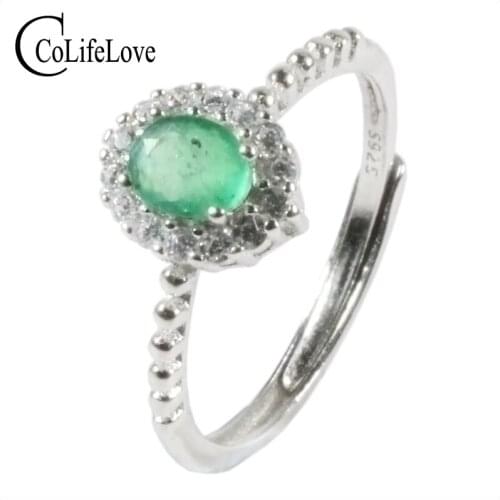 CoLife Jewelry Natural Emerald Silver Ring for Daily Wear 4*5mm Emerald Silver Ring 925 Silver Emerald Jewelry Gift for Woman