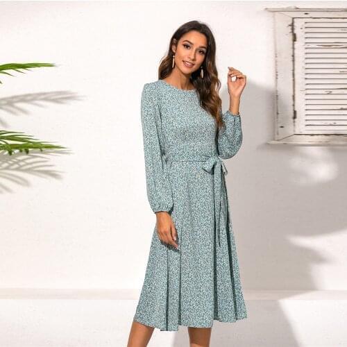 2021 New Floral Printed Chiffon Slim Waist Dress Women Autumn Spring Long-Sleeved O-Neck High Waist Long Dresses Female Vestidos