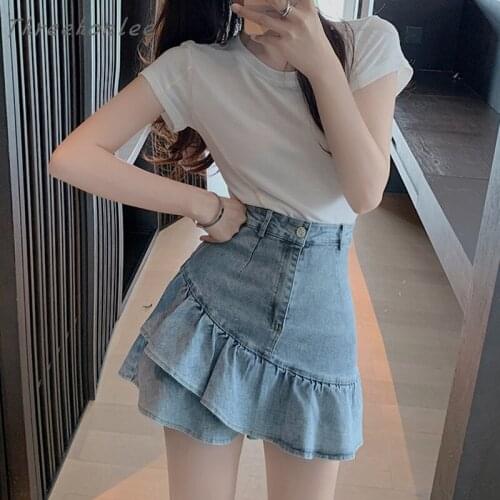 2021 Summer Korean Casual Woman Two Piece Sets Solid O-neck Ice Silk T-shirt And Irregular Ruffles Fishtail Denim Skirt Suits