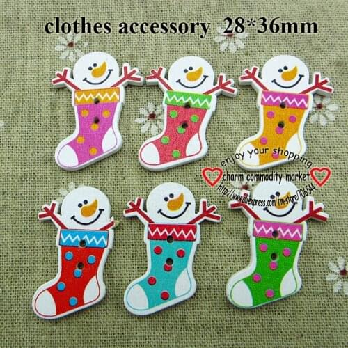 50pcs Christmas Stocking Buttons Garment 2 Holes Patterns Cartoons Wood Sewing Button Scrapbook Charms WCF-343