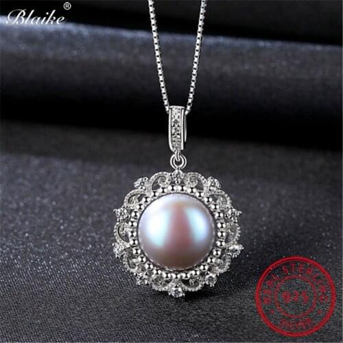 Blaike Vintage Round Pearl Pendants 100% Solid S925 Sterling Silver Zircon Short Necklaces For Women Birthstone Fine Jewelry