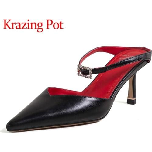 Krazing pot genuine leather pointed toe high heels high street fashion mature diamond metal fasteners slip on sandals women L88