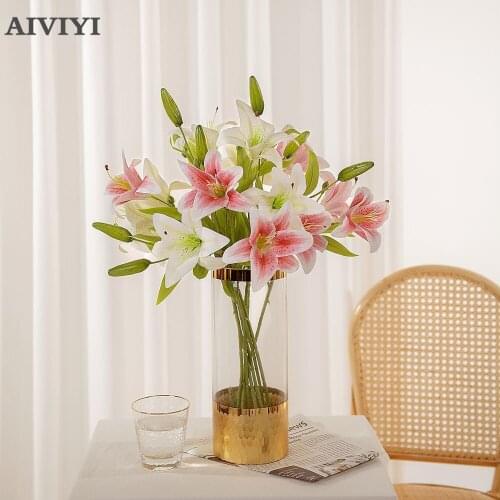 Double Head 3D Lily Artificial Lily Silk Decorative Flower for Wedding Decoration Gift Fresh Style Desk Ornaments Fake Flower