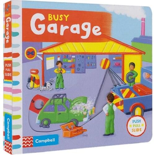 Campbell Busy Garage push pull slide movable Mechanical book English picture flap board book baby children early education toy
