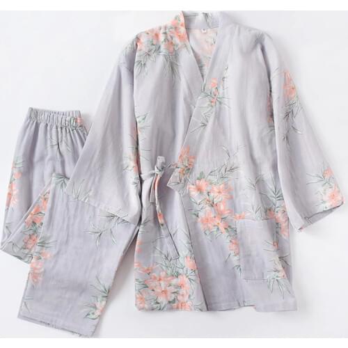 2PCS Japanese Kimono Pajamas Set Pure Cotton fashion Women Autumn Yukata Thin Print Japan Sweat Steaming Suit Lover Clothing