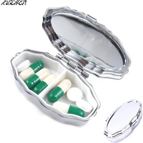 Metal Oval 2 Grid Moistureproof Medicine Holder Pill Storage Box 5.7*3.4*1.45cm