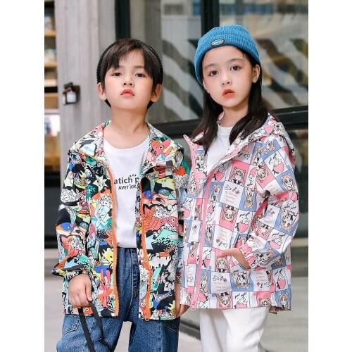 JENYA Fashion Boys Girls Outwear Graffiti Spring&Autumn Windbreaker Childrens' Jacket 2-11Y Kids Coats Hooded Clothes Waterproof