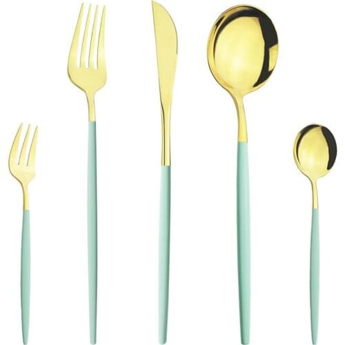 5Pcs Dinnerware Cutlery Set Mint Green Gold Knife Cake Fork Coffee Tea Spoon Stainless Steel Flatware Silverware Tableware Set
