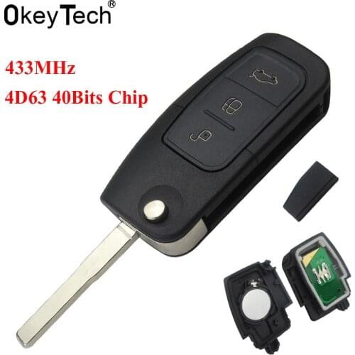 OkeyTech Replacement 3 Buttons Flip Folding Remote Control Key 433MHz 4D63 Chip for Ford Mondeo Focus Fiesta C Max S Max Galaxy