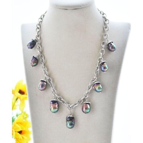 P7479 18" 22mm Peacock-Black Baroque Keshi Pearl Pendant Necklace (Chain)