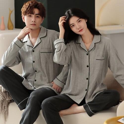 Simple Leisure Gray Couple Pajamas Sets Cotton Long Sleeve Homewear Oversized Men Women Winter Sexy Turn-down Collar Sleepwear