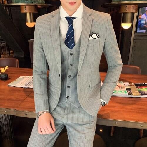 Jacket + Vest + Pants) 2021 Male new groom striped slim-fit wedding tuxedo 3-Pcs suit for men fashion high quality dress Terno