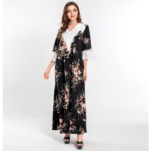 Muslim New Womens Abaya Stitching Lace Printing V-Neck Maxi Dress Dubai Turkish Sweet Robe Longue Femme Dresses Cotton Linen